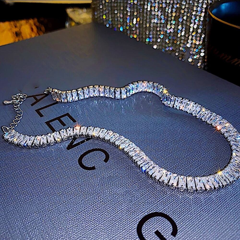 Sterling Silver Diamond Zircoin Rhinestone Choker Measures 18 In. Adjust 16"-18" - Picture 2 of 8
